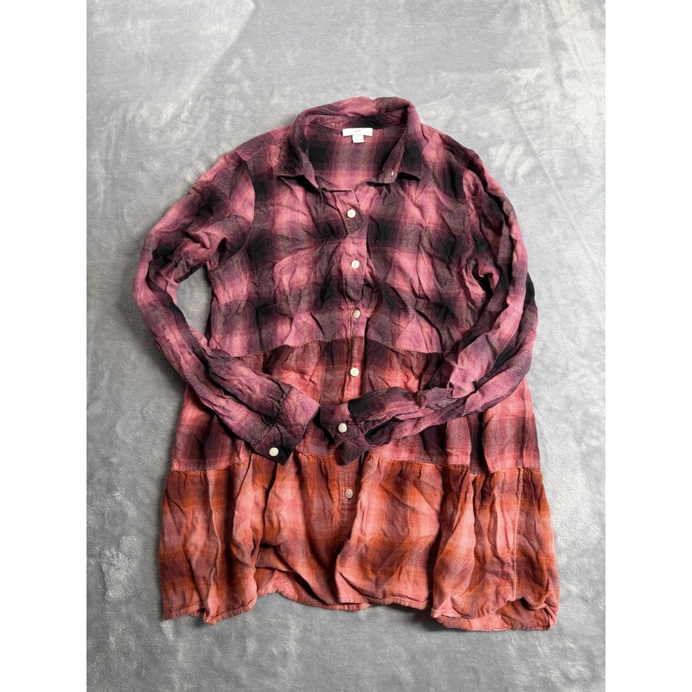 J.Jill Shirt Womens XS Pink Black Plaid Cotton Tiered Ruffle Hem Button Front